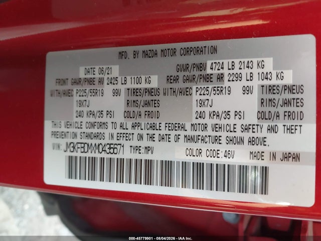 Aukcja sprzedaży 2021 Mazda Cx-5 Grand Touring, vin: JM3KFBDMXM0435671, numer aukcji: 45779901