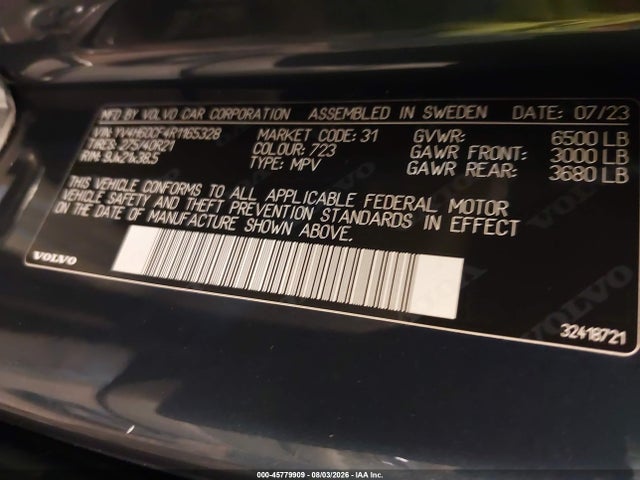 45779909 :رقم المزاد ، YV4H60CF4R1165328 vin ، 2024 Volvo Xc90 Recharge Plug-in Hybrid T8 Ultimate Bright Theme 7-seater مزاد بيع