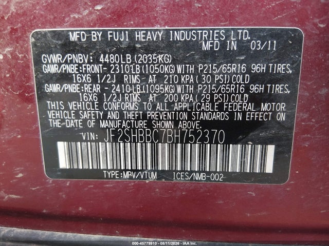 Aukcja sprzedaży 2011 Subaru Forester 2.5x, vin: JF2SHBBC7BH752370, numer aukcji: 45779910