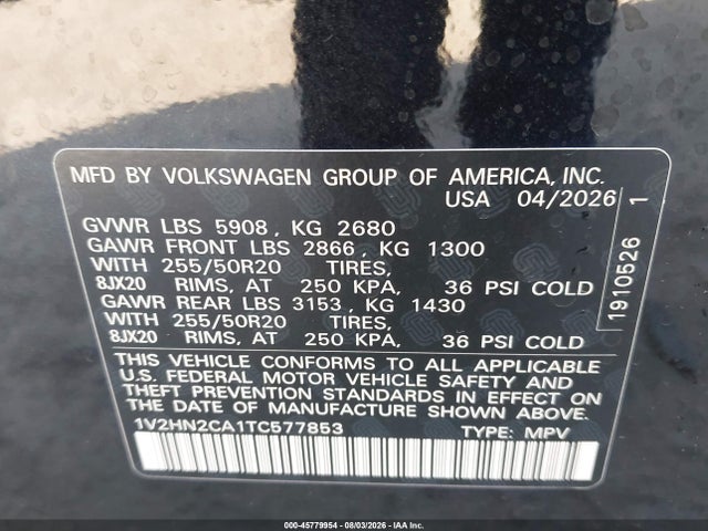 Продаж на аукціоні авто 2026 Volkswagen Atlas Se With Technology, vin: 1V2HN2CA1TC577853, номер лоту: 45779954