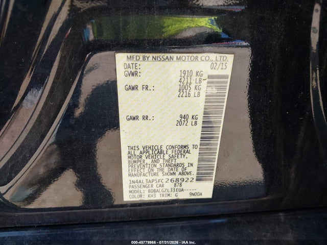 45779966 :رقم المزاد ، 1N4AL3AP5FC268922 vin ، 2015 Nissan Altima 2.5/2.5 S/2.5 Sl/2.5 Sv مزاد بيع