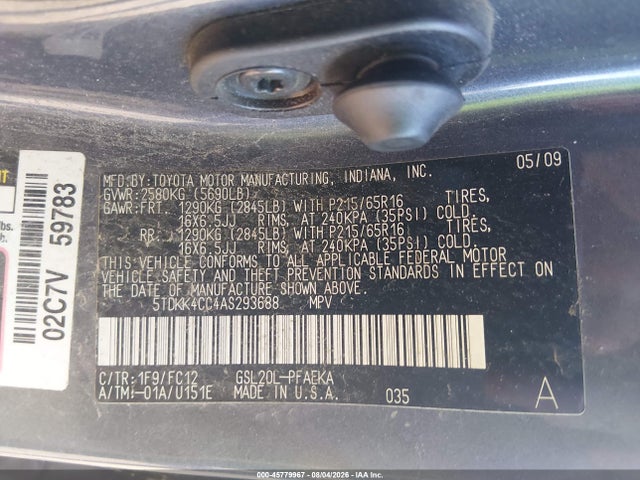 2010 Toyota Sienna Ce/le მანქანა იყიდება აუქციონზე, vin: 5TDKK4CC4ASz93688, აუქციონის ნომერი: 45779967