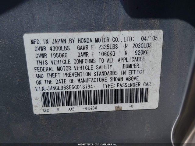 Продаж на аукціоні авто 2005 Acura Tsx, vin: JH4CL96855C018794, номер лоту: 45779976