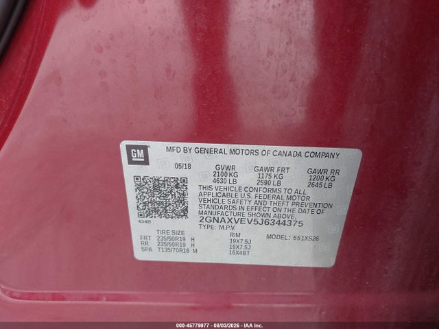 45779977 :رقم المزاد ، 2GNAXVEV5J6344375 vin ، 2018 Chevrolet Equinox Premier مزاد بيع