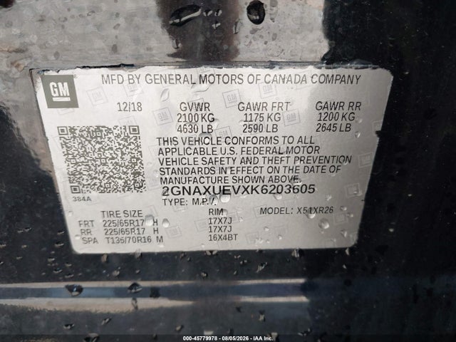 2019 Chevrolet Equinox Lt მანქანა იყიდება აუქციონზე, vin: 2GNAXUEVXK6203605, აუქციონის ნომერი: 45779978