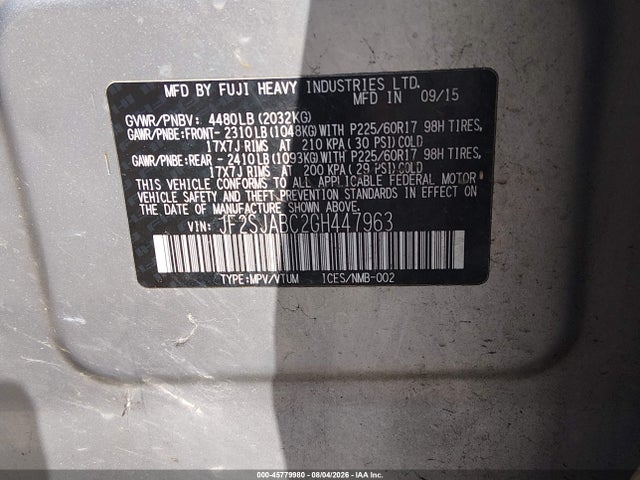2016 Subaru Forester 2.5i მანქანა იყიდება აუქციონზე, vin: JF2SJABC2GH447963, აუქციონის ნომერი: 45779980