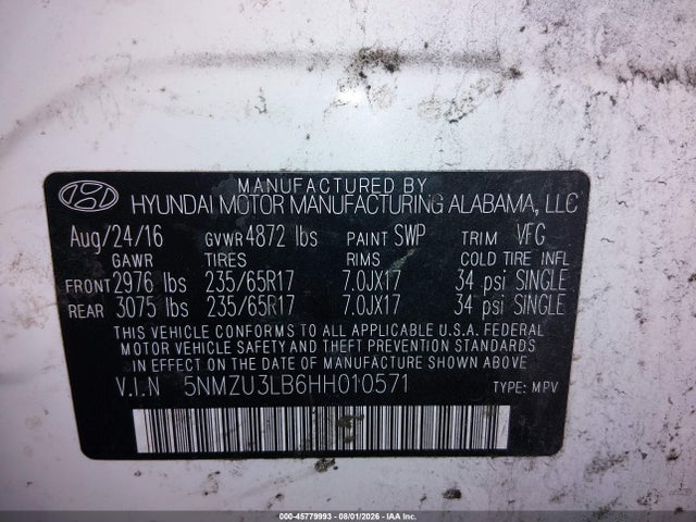 45779993 :رقم المزاد ، 5NMZU3LB6HH010571 vin ، 2017 Hyundai Santa Fe Sport 2.4l مزاد بيع
