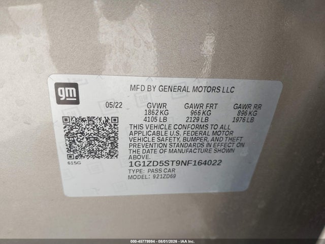 Продажа на аукционе авто 2022 Chevrolet Malibu Fwd Lt, vin: 1G1ZD5ST9NF164022, номер лота: 45779994