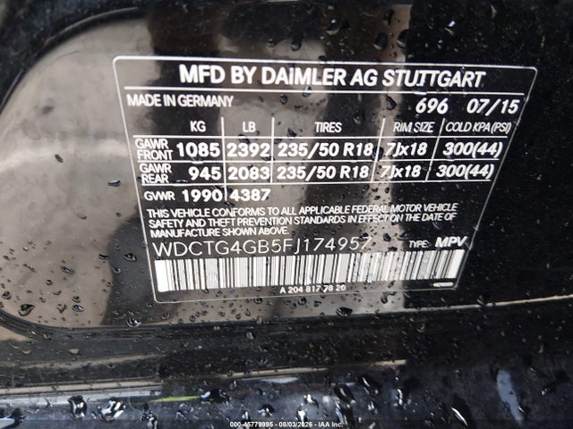 45779995 :رقم المزاد ، WDCTG4GB5FJ174957 vin ، 2015 Mercedes-benz Gla 250 4matic مزاد بيع