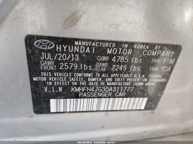 45780010 :رقم المزاد ، KMHFH4JG3DA311777 vin ، 2013 Hyundai Azera مزاد بيع