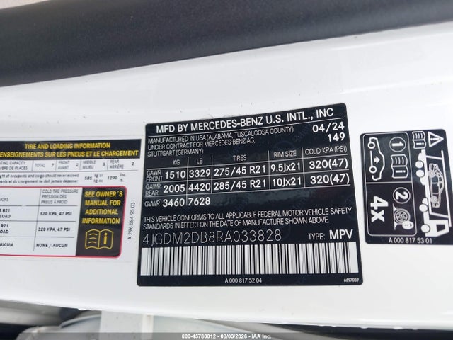 Продаж на аукціоні авто 2024 Mercedes-benz Eqs 450 Suv, vin: 4JGDM2DB8RA033828, номер лоту: 45780012