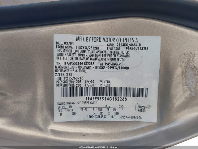 45780029 :رقم المزاد ، 1FAFP55S14G182288 vin ، 2004 Ford Taurus Ses مزاد بيع