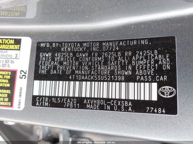 Продаж на аукціоні авто 2025 Toyota Camry Se, vin: 4T1DAACK5SU521398, номер лоту: 45780030