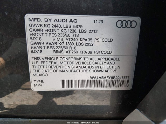 Продаж на аукціоні авто 2024 Audi Q5 Premium 40 Tfsi Quattro S Tronic, vin: WA1ABAFY9R2046553, номер лоту: 45780032
