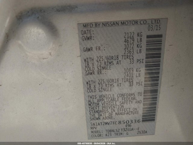Aukcja sprzedaży 2015 Nissan Rogue Sl, vin: 5N1AT2MV7FC850336, numer aukcji: 45780038