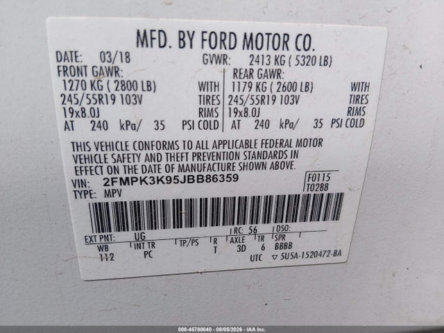 2018 Ford Edge Titanium მანქანა იყიდება აუქციონზე, vin: 2FMPK3K95JBB86359, აუქციონის ნომერი: 45780040