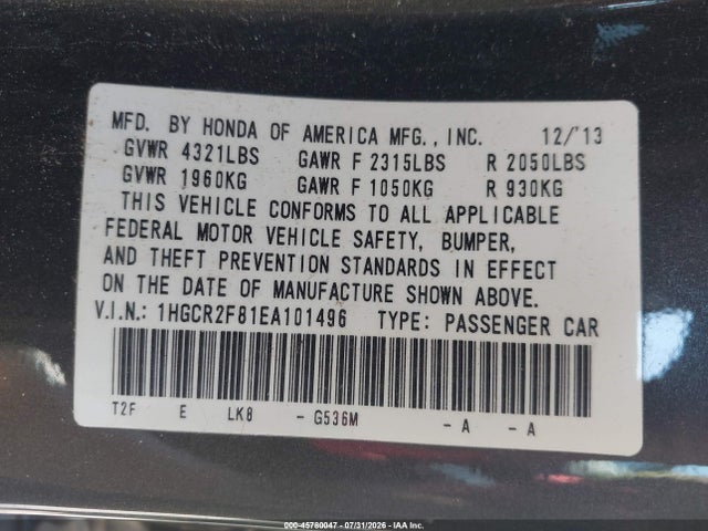 1HGCR2F81EA101496 Honda Accord Ex-l
