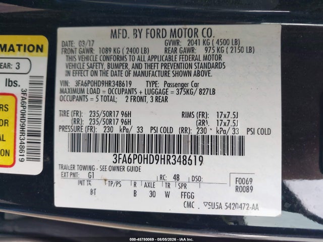 Продажа на аукционе авто 2017 Ford Fusion Se, vin: 3FA6P0HD9HR348619, номер лота: 45780069