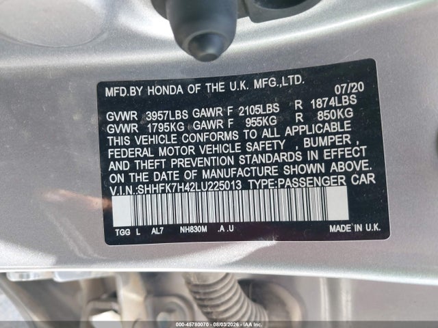 Aukcja sprzedaży 2020 Honda Civic Sport, vin: SHHFK7H42LU225013, numer aukcji: 45780070