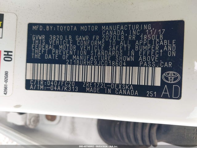 2018 Toyota Corolla Se მანქანა იყიდება აუქციონზე, vin: 2T1BURHE9JC018604, აუქციონის ნომერი: 45780082