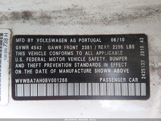 Auction sale of the 2011 Volkswagen Eos Komfort, vin: WVWBA7AH0BV001268, lot number: 45780104