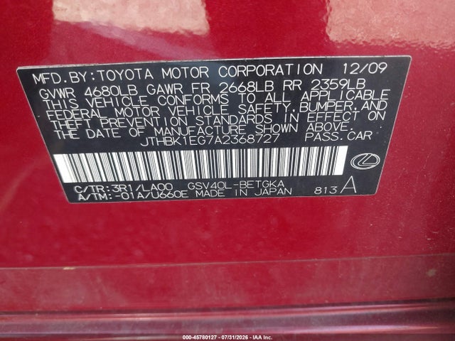 Продаж на аукціоні авто 2010 Lexus Es 350, vin: JTHBK1EG7A2368727, номер лоту: 45780127