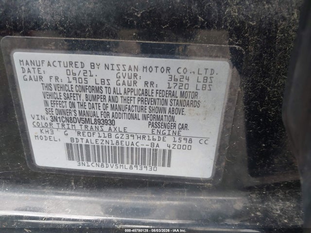 Продаж на аукціоні авто 2021 Nissan Versa S Xtronic Cvt, vin: 3N1CN8DV5ML893930, номер лоту: 45780128