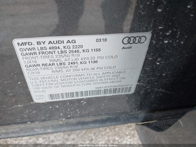 2018 Audi Q3 2.0t Premium/2.0t Sport Premium მანქანა იყიდება აუქციონზე, vin: WA1JCCFS5JR029314, აუქციონის ნომერი: 45780133