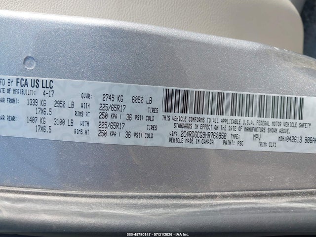 2017 Dodge Grand Caravan Sxt მანქანა იყიდება აუქციონზე, vin: 2C4RDGCG9HR760958, აუქციონის ნომერი: 45780147