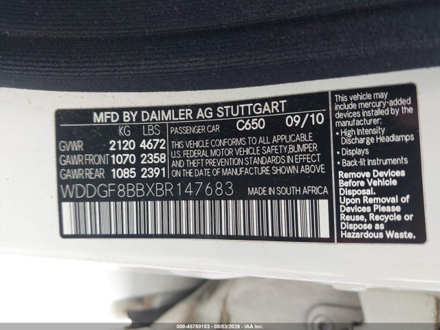 45780153 :رقم المزاد ، WDDGF8BBXBR147683 vin ، 2011 Mercedes-benz C 300 Sport 4matic مزاد بيع