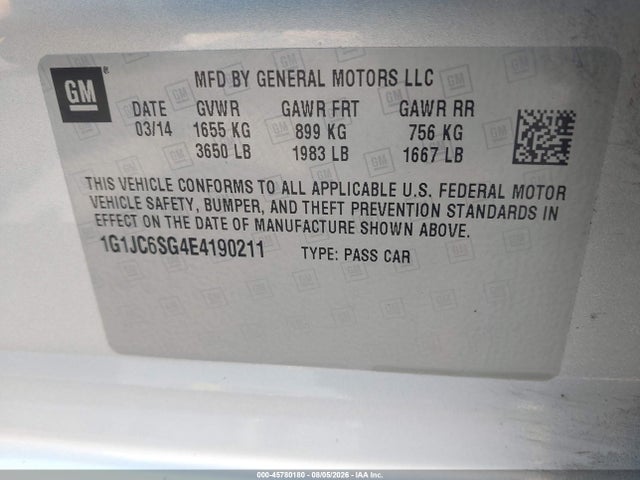 Продаж на аукціоні авто 2014 Chevrolet Sonic Lt Auto, vin: 1G1JC6SG4E4190211, номер лоту: 45780180