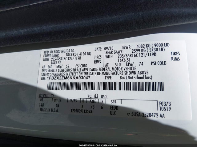 1FBZX2ZM6KKA03047 Ford Transit-350 Xl