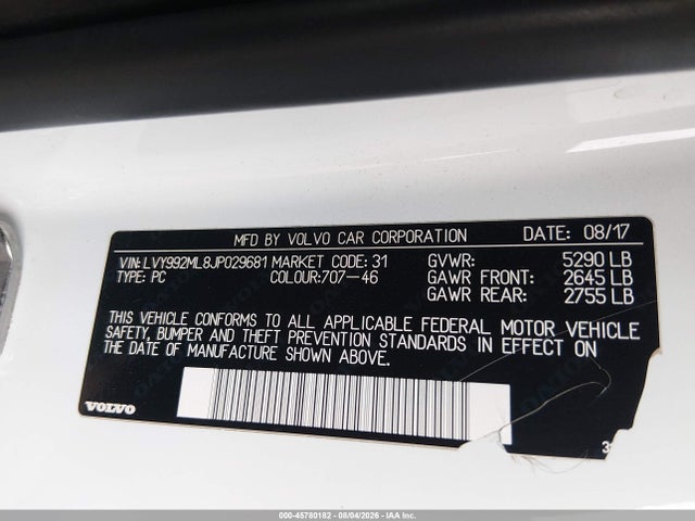 Auction sale of the 2018 Volvo S90 T6 Inscription, vin: LVY992ML8JP029681, lot number: 45780182