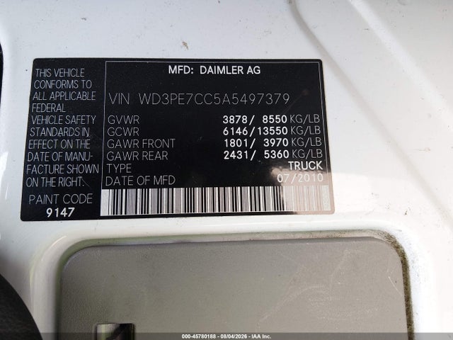 45780188 :رقم المزاد ، WD3PE7CC5A5497379 vin ، 2010 Mercedes-benz Sprinter Van 2500 مزاد بيع