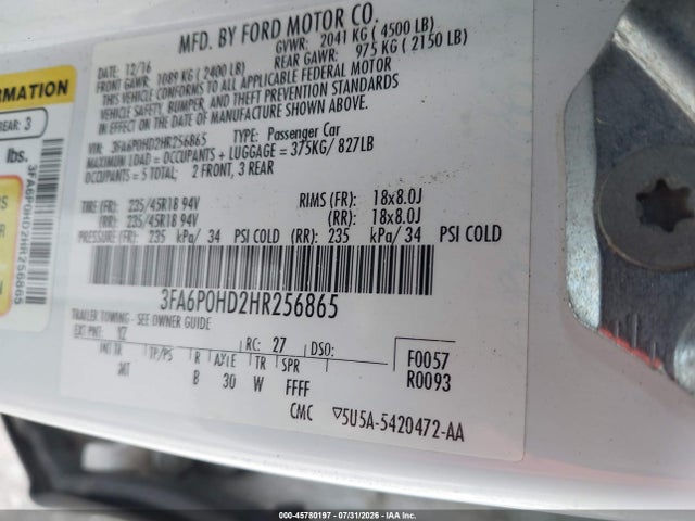 Aukcja sprzedaży 2017 Ford Fusion Se, vin: 3FA6P0HD2HR256865, numer aukcji: 45780197