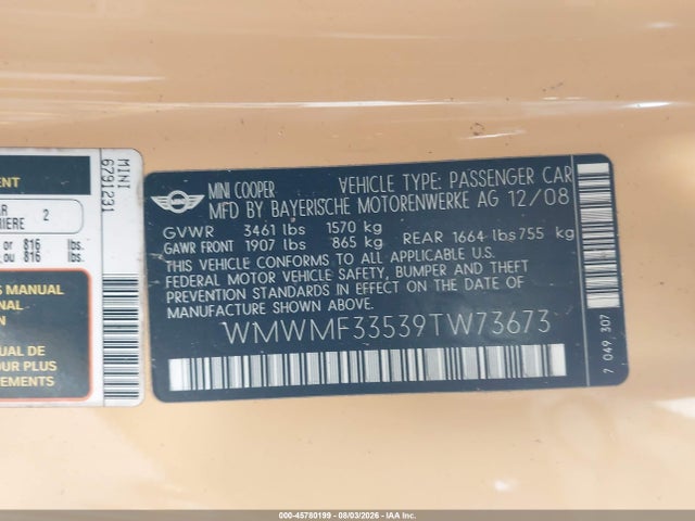 Продаж на аукціоні авто 2009 Mini Cooper, vin: WMWMF33539TW73673, номер лоту: 45780199