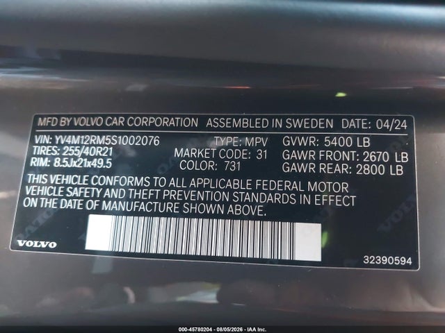 Aukcja sprzedaży 2025 Volvo Xc60 B5 Ultra, vin: YV4M12RM5S1002076, numer aukcji: 45780204
