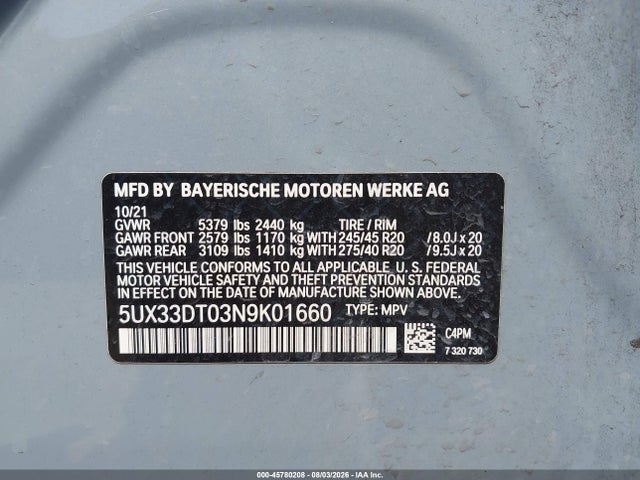 Aukcja sprzedaży 2022 Bmw X4 Xdrive30i, vin: 5UX33DT03N9K01660, numer aukcji: 45780208