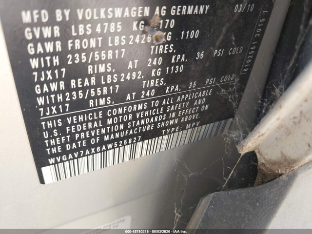 Aukcja sprzedaży 2010 Volkswagen Tiguan S, vin: WVGAV7AX6AW525827, numer aukcji: 45780216
