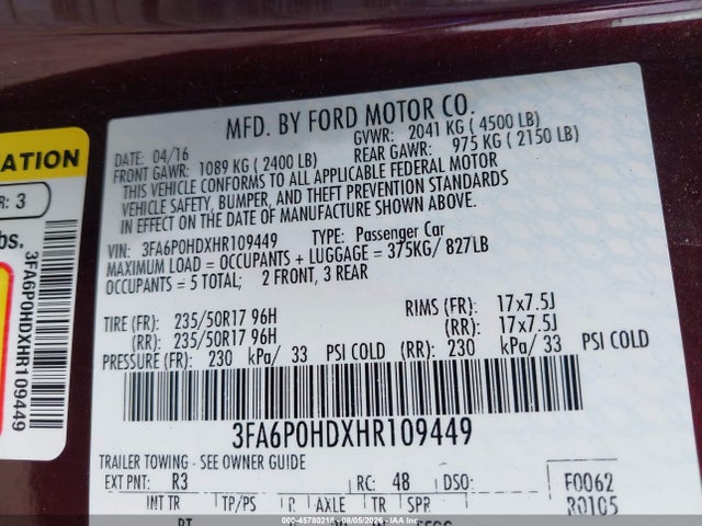 3FA6P0HDXHR109449 Ford FUSION SE