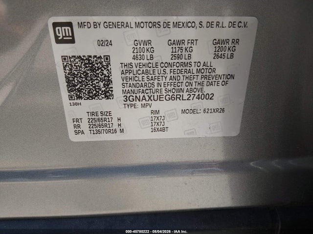 Продажа на аукционе авто 2024 Chevrolet Equinox Awd Lt, vin: 3GNAXUEG6RL274002, номер лота: 45780222