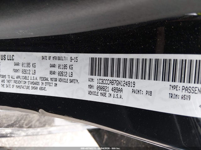 45780270 :رقم المزاد ، 1C3CCCAB7GN124919 vin ، 2016 Chrysler 200 Limited مزاد بيع