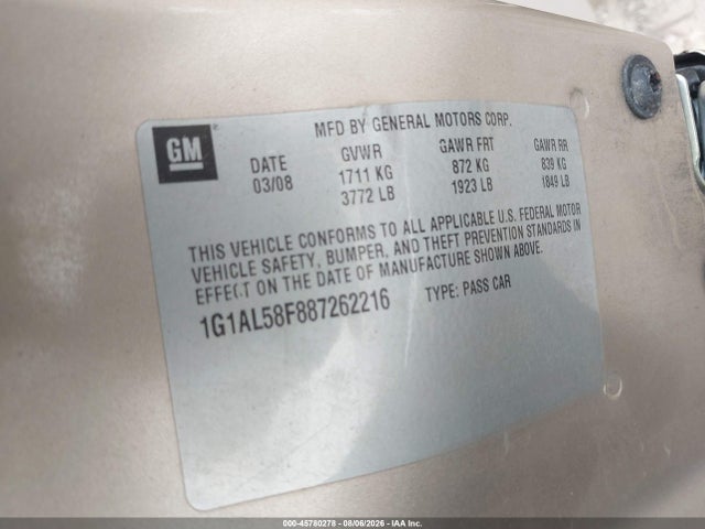 Продажа на аукционе авто 2008 Chevrolet Cobalt Lt, vin: 1G1AL58F887262216, номер лота: 45780278