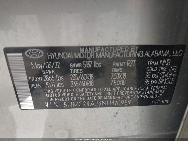 Продажа на аукционе авто 2022 Hyundai Santa Fe Sel, vin: 5NMS24AJ3NH461959, номер лота: 45780284