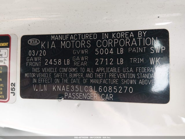 45780286 :رقم المزاد ، KNAE35LC3L6085270 vin ، 2020 Kia Stinger Gt مزاد بيع