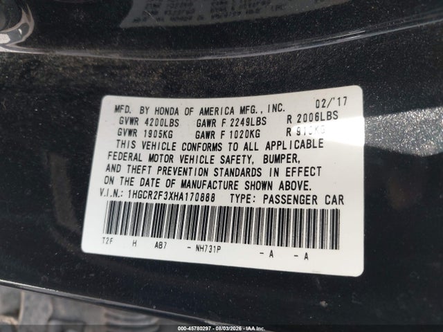45780297 :رقم المزاد ، 1HGCR2F3XHA170888 vin ، 2017 Honda Accord Lx مزاد بيع