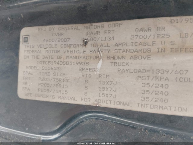 Aukcja sprzedaży 1995 Gmc Sonoma, vin: 1GTCS1943S8519938, numer aukcji: 45780299