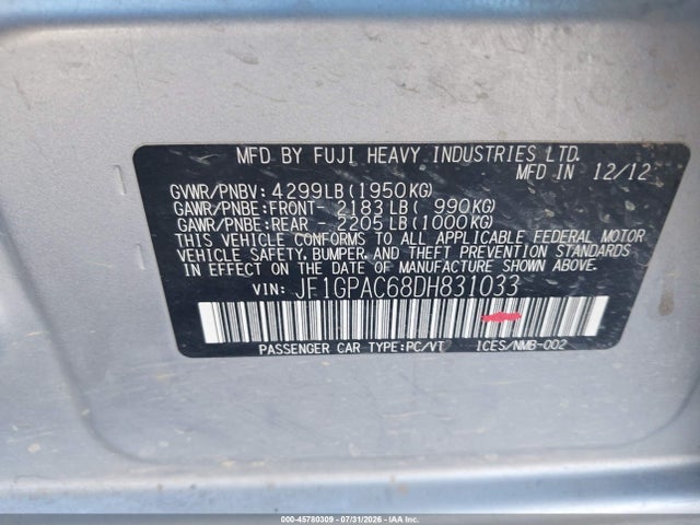 Продаж на аукціоні авто 2013 Subaru Impreza 2.0i Premium, vin: JF1GPAC68DH831033, номер лоту: 45780309