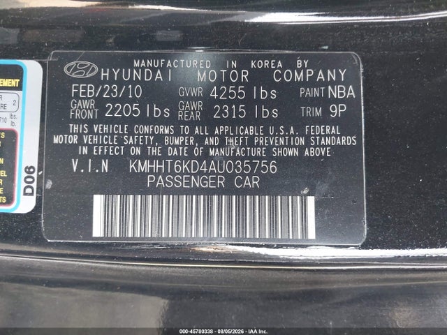 2010 Hyundai Genesis 2.0t მანქანა იყიდება აუქციონზე, vin: KMHHT6KD4AU035756, აუქციონის ნომერი: 45780338
