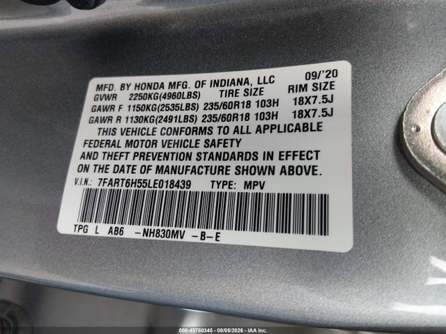 45780340 :رقم المزاد ، 7FART6H55LE018439 vin ، 2020 Honda Cr-v Hybrid Ex مزاد بيع